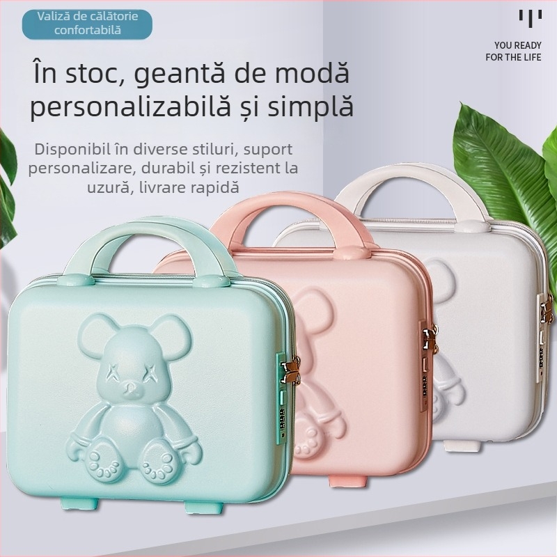 Geantă de cosmetică pentru călătorii cu fermoar, ABS+PC, rezistentă la apă, extensibilă, protecție anti-furt, încuietoare TSA, model urs desen animat