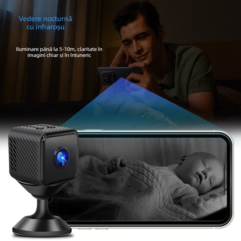 Cameră de securitate wireless pentru interior X2 cu Wi-Fi, video 1280x720 HD, 15fps, microfon încorporat, stocare pe card SD