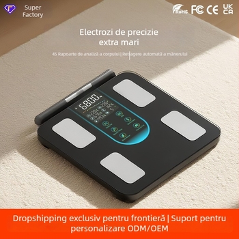 Cântar corporal cu opt electrozi, Bluetooth, cu aplicație pentru măsurarea grăsimii și apei, din sticlă securizată