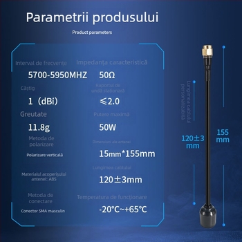 Antena FPV pentru UAV 5,8 GHz – mică antenă tip ciupercă cu câștig înalt, omni-direcțională, conector SMA, cablu 120 mm, 5700–5950 MHz