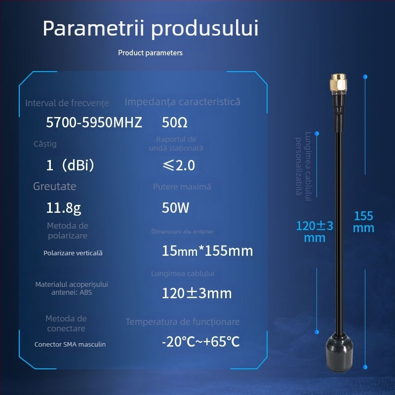 Antena FPV pentru UAV 5,8 GHz – mică antenă tip ciupercă cu câștig înalt, omni-direcțională, conector SMA, cablu 120 mm, 5700–5950 MHz
