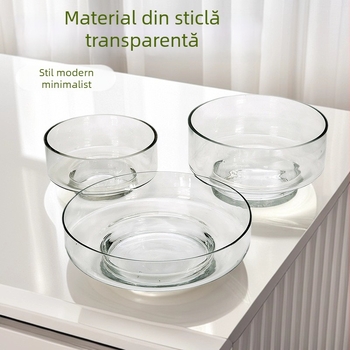 Suport de lumânare din sticlă transparentă, cu bază din lemn și ceramică, mini peisaj hidroponic cu suculente, lucrat manual, design modern minimalist