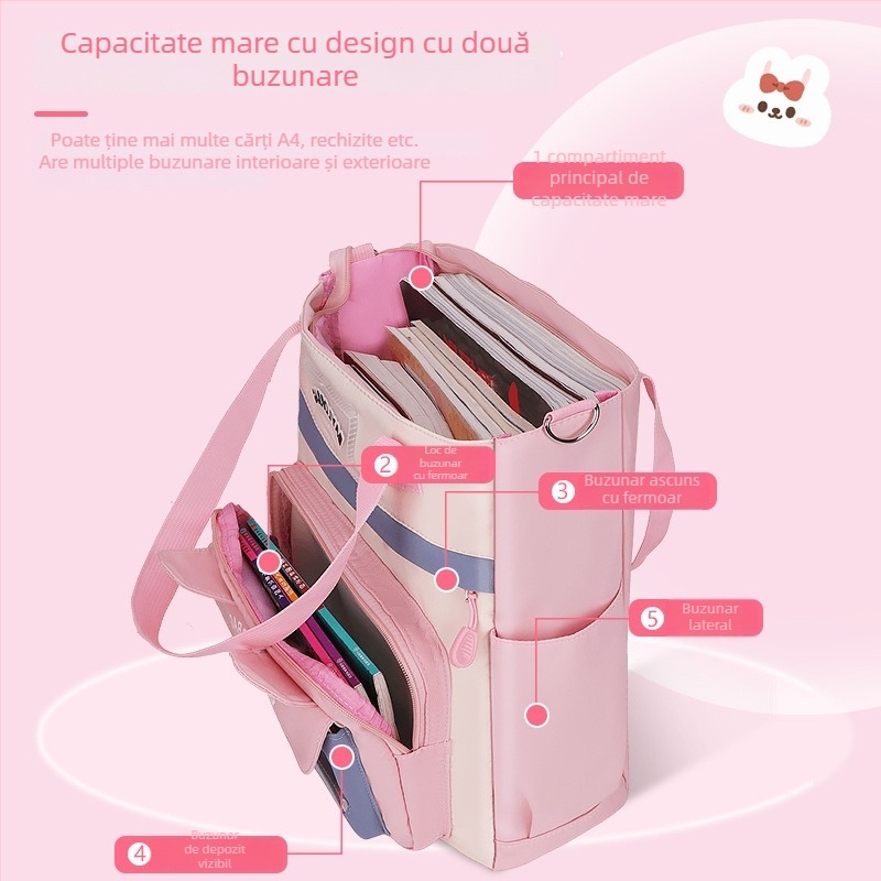 Geantă de studiu pentru copii, pentru elevi din învățământul primar — curea cross-body, impermeabilă și ultra-ușoară, material Oxford, căptușală poliester