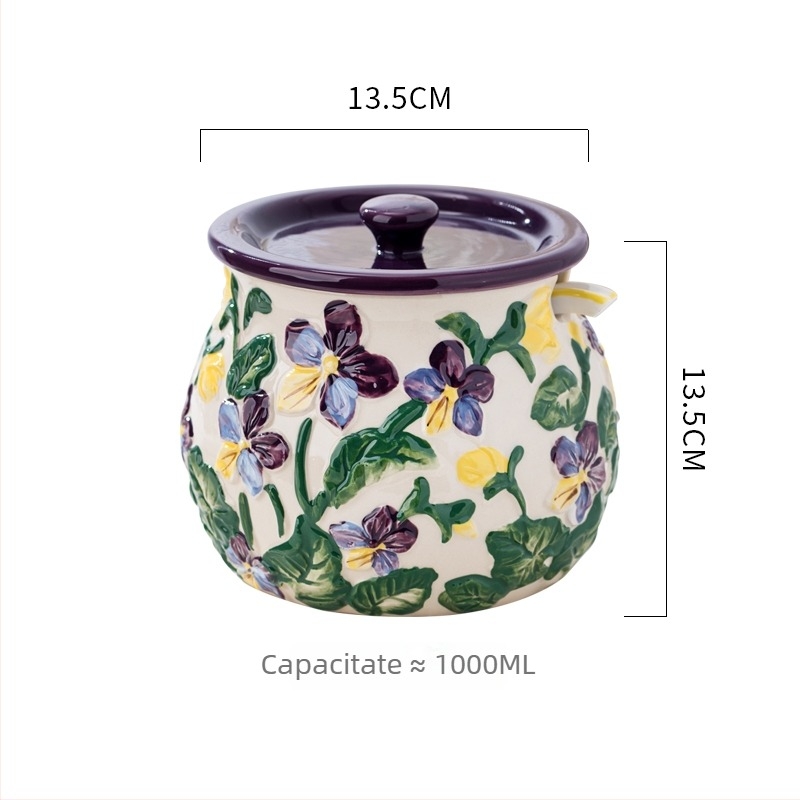 Borcan ceramic cu relief pentru untură, cu capac, pentru ulei de ardei, bucătărie