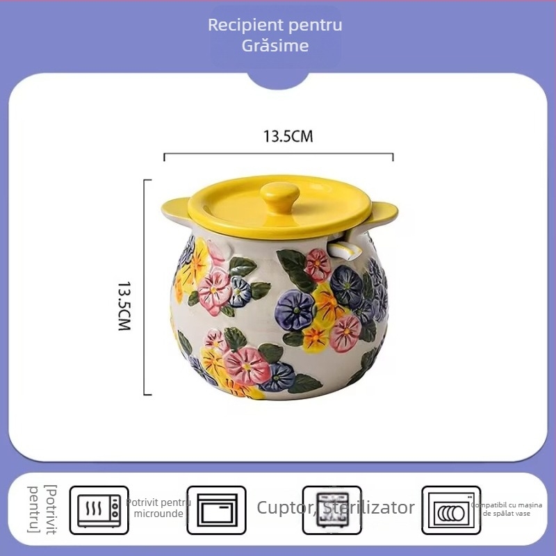 Borcan ceramic cu relief pentru untură, cu capac, pentru ulei de ardei, bucătărie