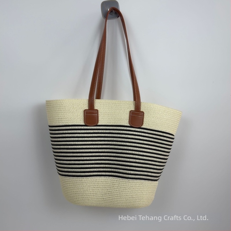 Geantă bucket din paie, stil minimalist și luxos, închidere cu fermoar, buzunar interior cu fermoar
