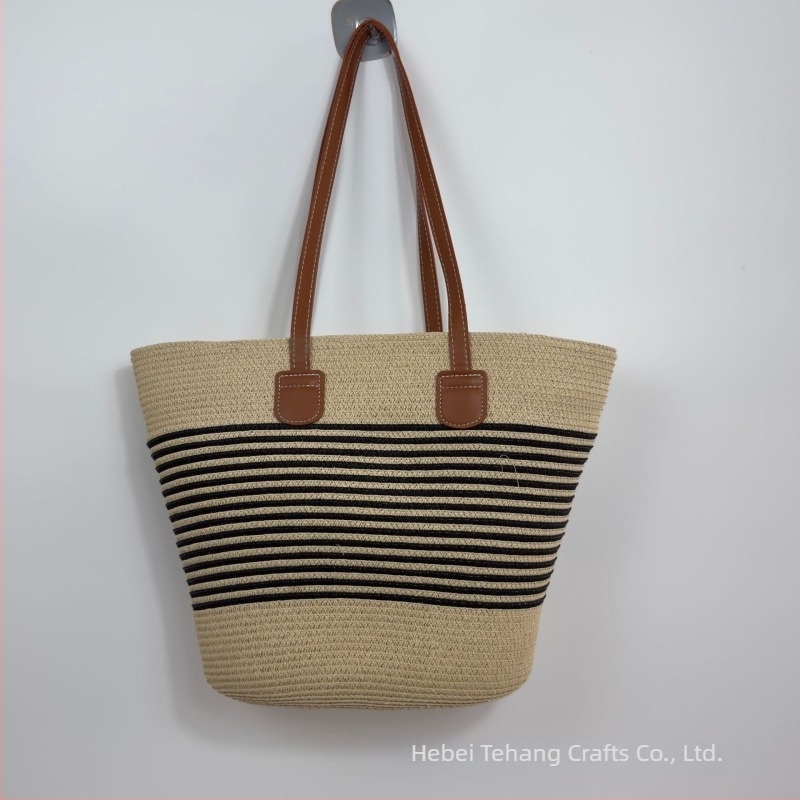 Geantă bucket din paie, stil minimalist și luxos, închidere cu fermoar, buzunar interior cu fermoar