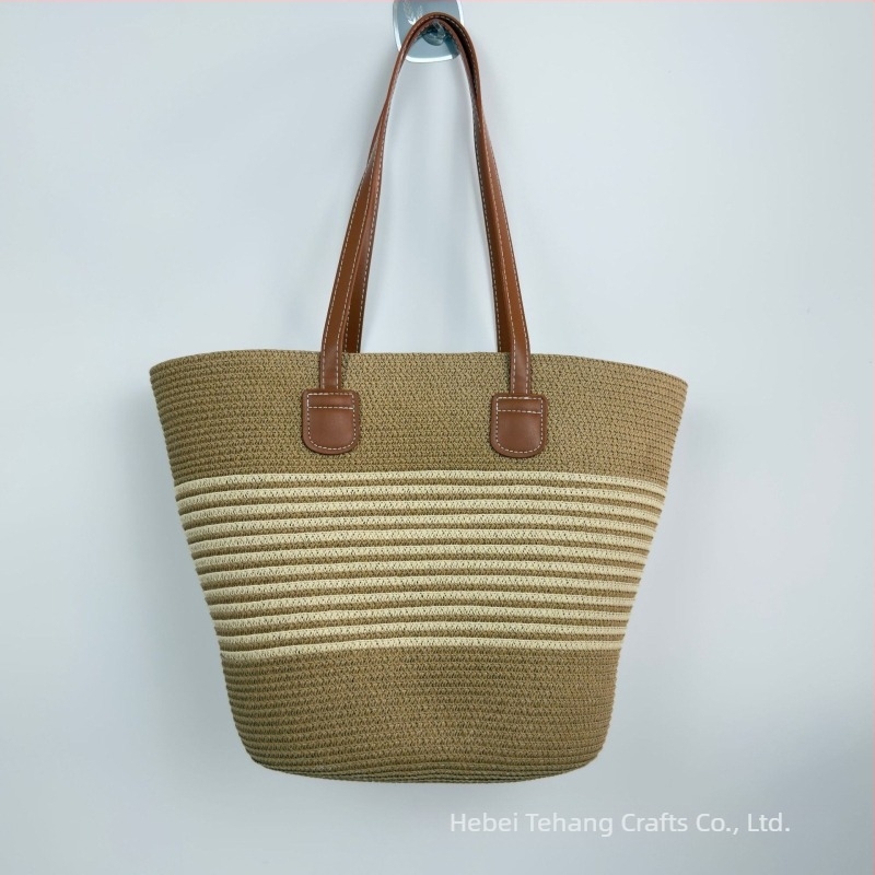 Geantă bucket din paie, stil minimalist și luxos, închidere cu fermoar, buzunar interior cu fermoar