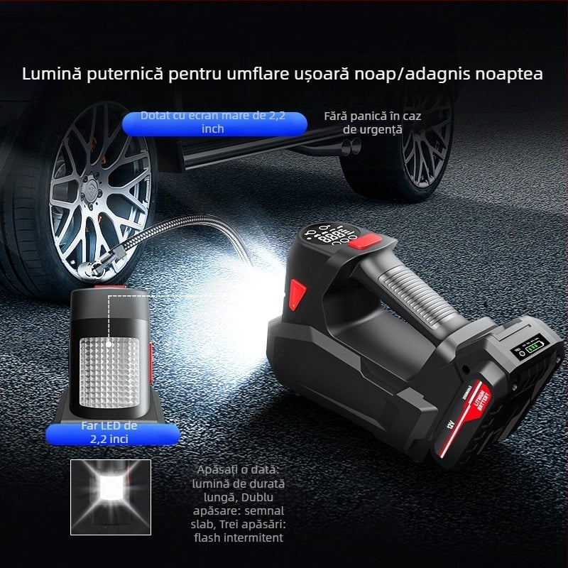Pompa de aer pentru mașină fără fir, cu afișaj digital, iluminare LED, 12V, 120W, cablu de 3 m