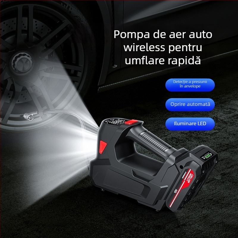 Pompa de aer pentru mașină fără fir, cu afișaj digital, iluminare LED, 12V, 120W, cablu de 3 m