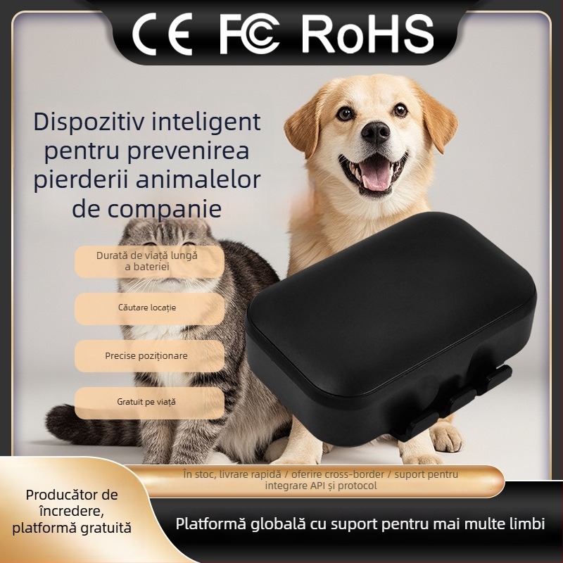 GPS tracker pentru animale de companie (pisici și câini), rezistent la apă IP67, precizie a poziționării 1–10 m, baterie Li-Po cu aproximativ 2 zile în standby, antenă încorporată, suport pentru hărți