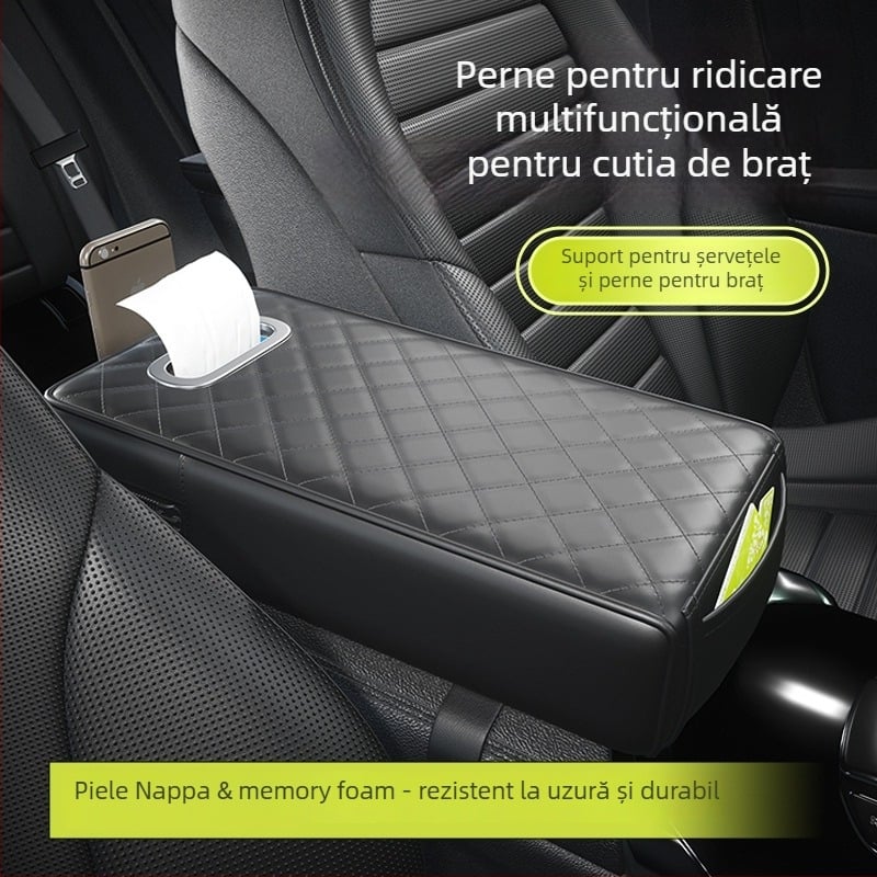 Naiduo Pernă din Piele pentru Mărirea Înălțimii Cotierelor Auto – Universală, Suport pentru Cutia de Șervețele, Covoraș Central Multifuncțional