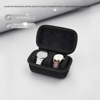 Cutie de depozitare pentru ceasuri cu 2 compartimente, interior cu burete, carcasă rigidă cu amortizare EVA, design ușor de transport, model MK391