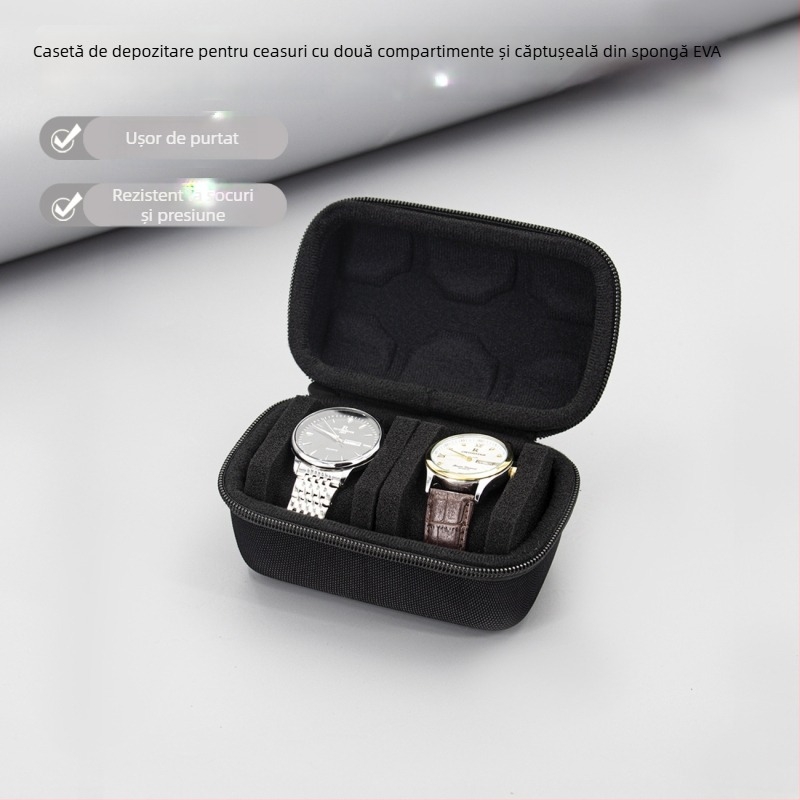 Cutie de depozitare pentru ceasuri cu 2 compartimente, interior cu burete, carcasă rigidă cu amortizare EVA, design ușor de transport, model MK391