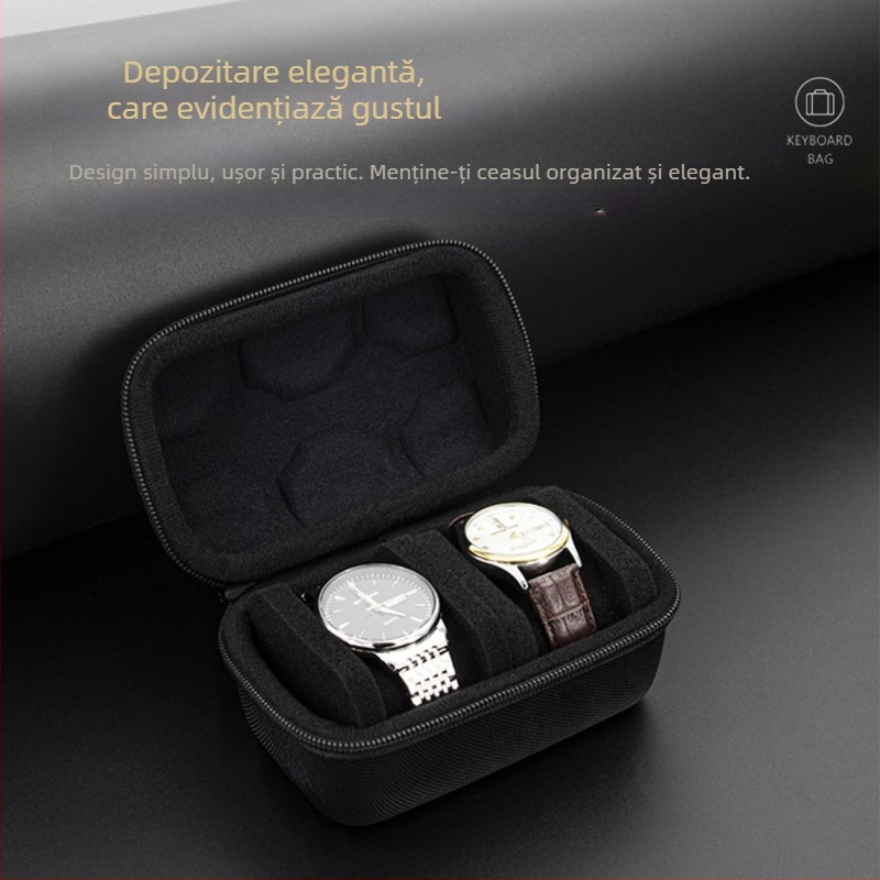 Cutie de depozitare pentru ceasuri cu 2 compartimente, interior cu burete, carcasă rigidă cu amortizare EVA, design ușor de transport, model MK391