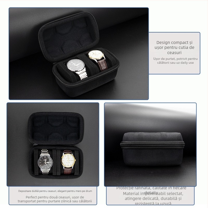 Cutie de depozitare pentru ceasuri cu 2 compartimente, interior cu burete, carcasă rigidă cu amortizare EVA, design ușor de transport, model MK391