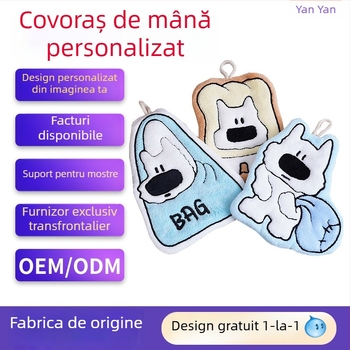 Prosop de mână din catifea coral, design atârnat, brodat, personalizabil, desen cu un cățeluș drăguț, 30–50 g