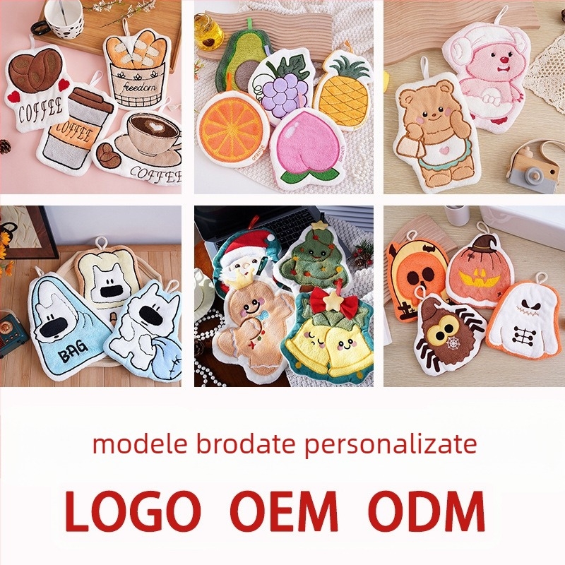 Prosop de mână din catifea coral, design atârnat, brodat, personalizabil, desen cu un cățeluș drăguț, 30–50 g