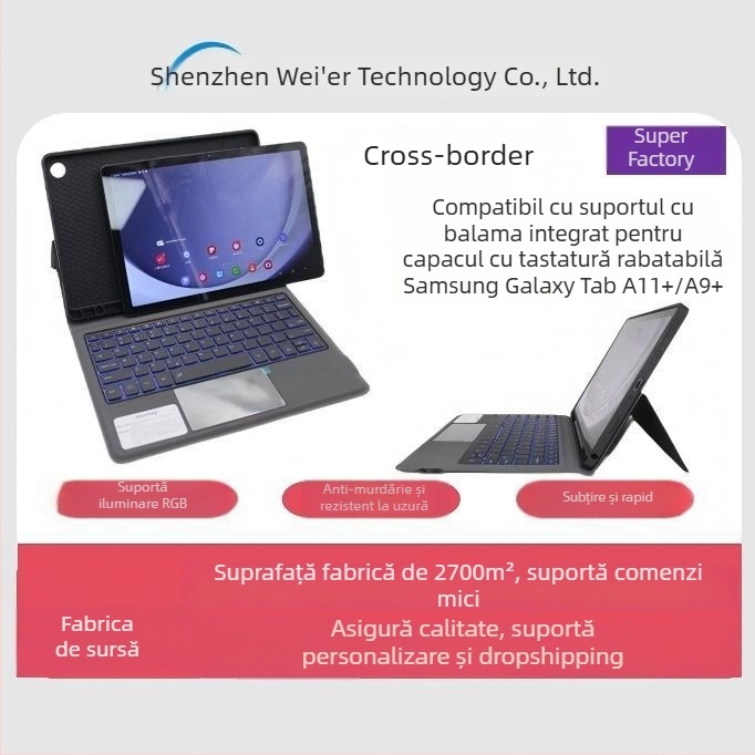 Tastatură din piele cu balamale pentru Samsung Galaxy Tab A11 Plus și A9 Plus – Interfață Type-C, Bluetooth, procesare OEM