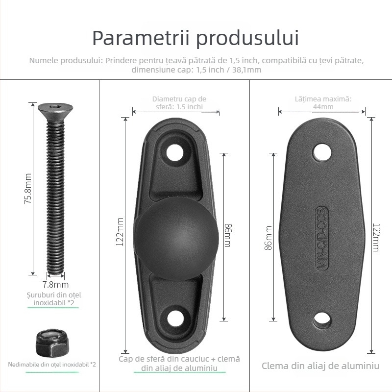 Bază de fixare pentru țeavă pătrată cu cap balon tip C, pentru stivare și utilaje grele; 400 g; sarcină statică până la 6 kg, dinamică până la 3 kg