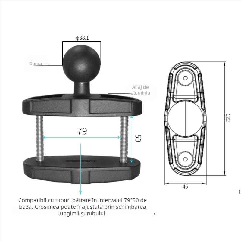 Bază de fixare pentru țeavă pătrată cu cap balon tip C, pentru stivare și utilaje grele; 400 g; sarcină statică până la 6 kg, dinamică până la 3 kg