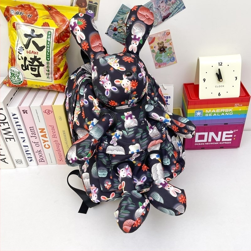 Ghiozdan școlar cu iepuraș desenat, imprimeu animal, exterior din nailon cu căptușeală din poliester, unisex pentru gimnaziu și peste