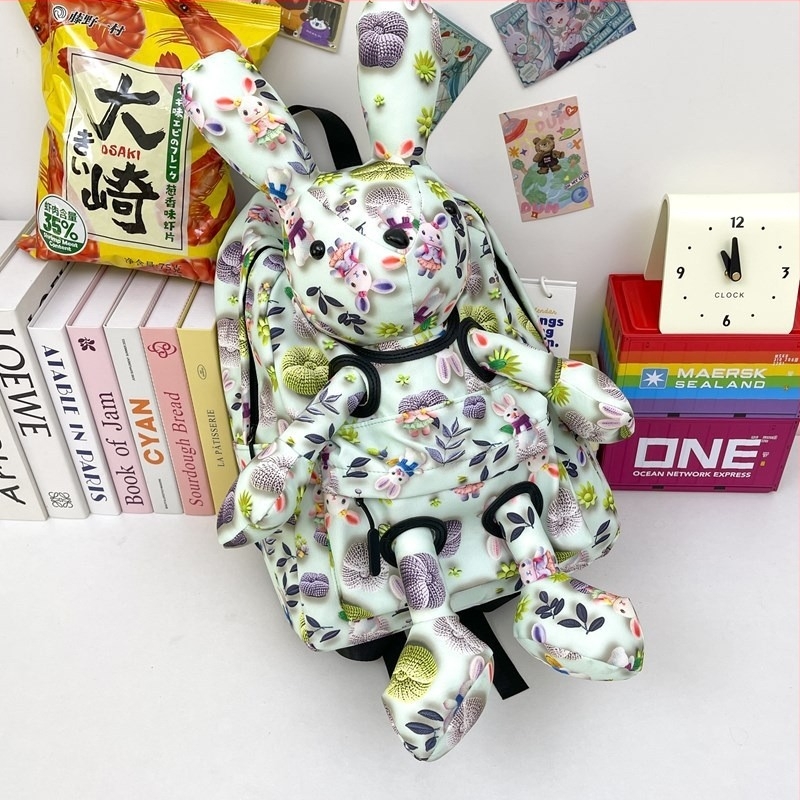 Ghiozdan școlar cu iepuraș desenat, imprimeu animal, exterior din nailon cu căptușeală din poliester, unisex pentru gimnaziu și peste