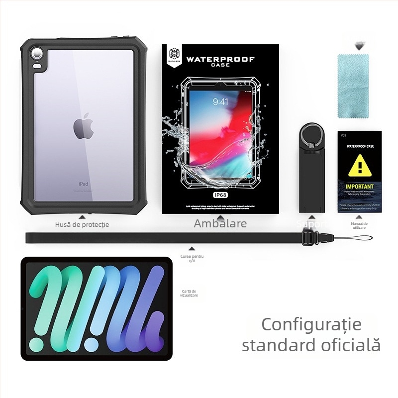 Husă impermeabilă pentru Apple iPad mini 6 — antișoc, cu suport încorporat, disipare a căldurii, construcție PC+TPU+PET