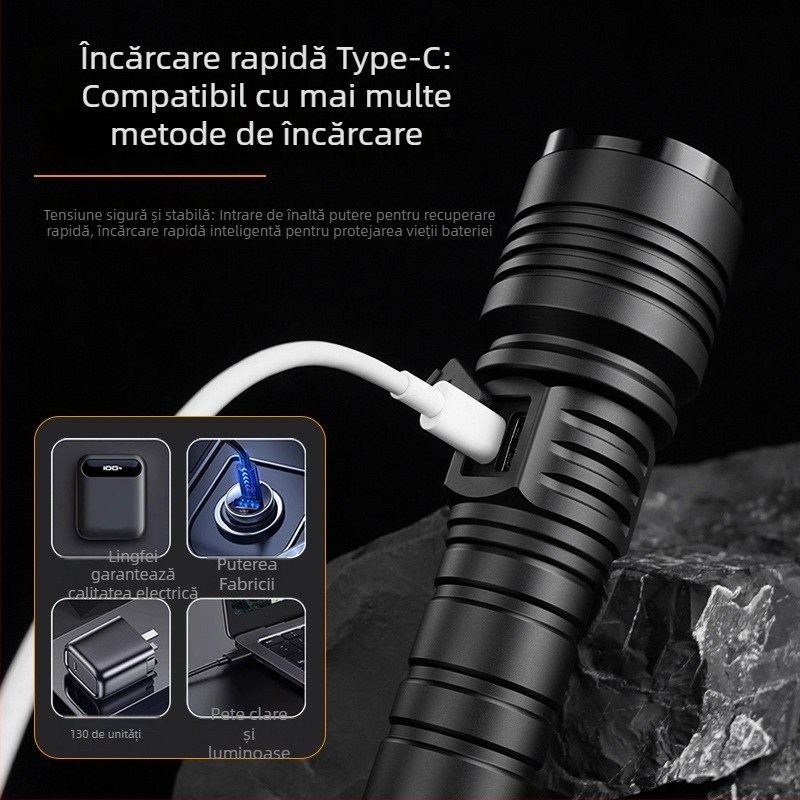 Lanternă LED portabilă reîncărcabilă de 30W, 1500lm, rază 1000m, încărcare Type-C, IPX6, pentru exterior