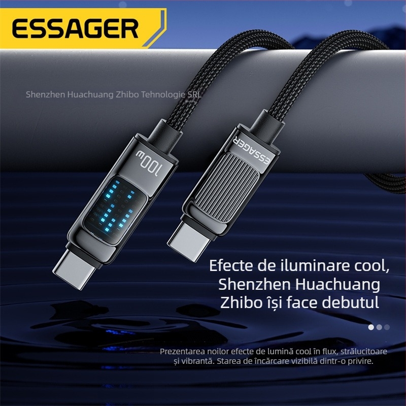 ESSAGER Cablu USB Type-C la Type-C 100W PD pentru încărcare rapidă, pentru telefon, tabletă și laptop, lungime 1–2 m