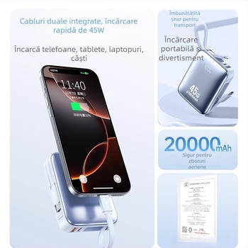 Baterie externă 20000 mAh cu încărcare rapidă de 45W, cablu încorporat, baterie Li‑polymer, certificare 3C