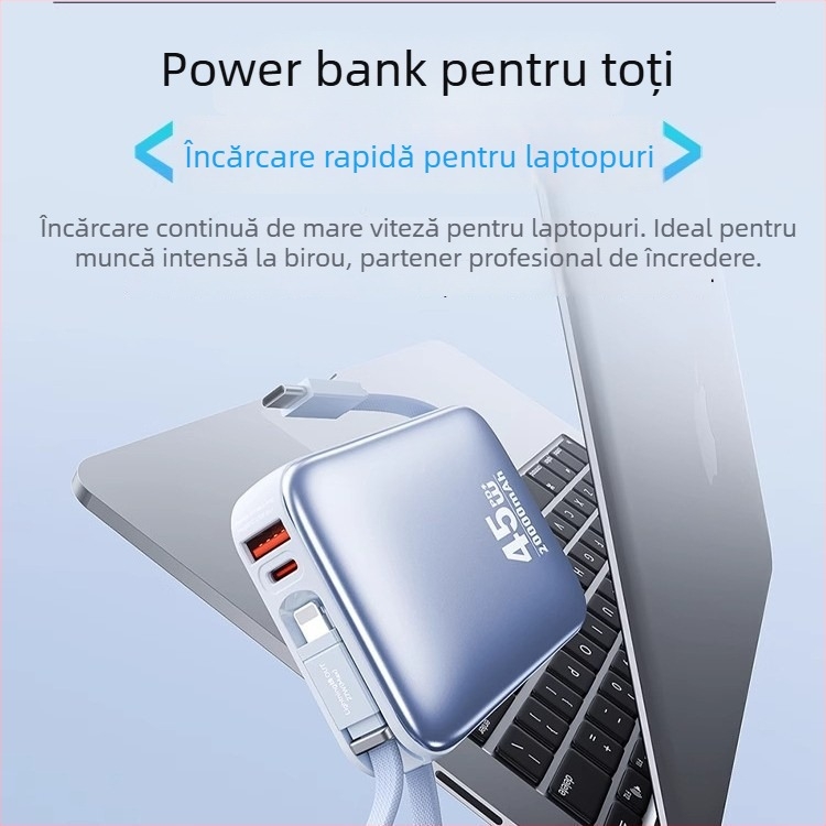 Baterie externă 20000 mAh cu încărcare rapidă de 45W, cablu încorporat, baterie Li‑polymer, certificare 3C