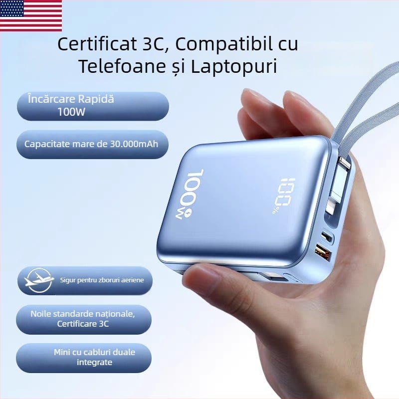 Baterie externă 20000 mAh cu încărcare rapidă de 45W, cablu încorporat, baterie Li‑polymer, certificare 3C