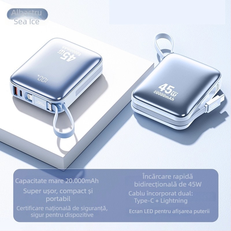 Baterie externă 20000 mAh cu încărcare rapidă de 45W, cablu încorporat, baterie Li‑polymer, certificare 3C