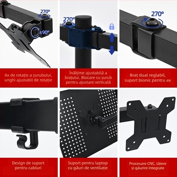 Suport pentru monitor cu două afișaje ZX-MT025N, din fier, 4,6 kg, pachet cu braț și șuruburi