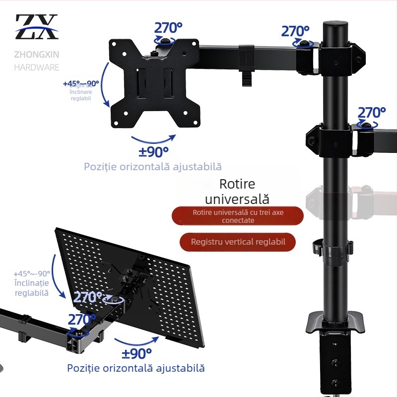 Suport pentru monitor cu două afișaje ZX-MT025N, din fier, 4,6 kg, pachet cu braț și șuruburi