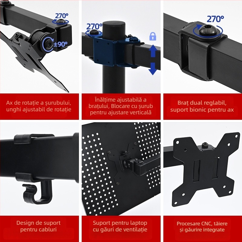 Suport pentru monitor cu două afișaje ZX-MT025N, din fier, 4,6 kg, pachet cu braț și șuruburi