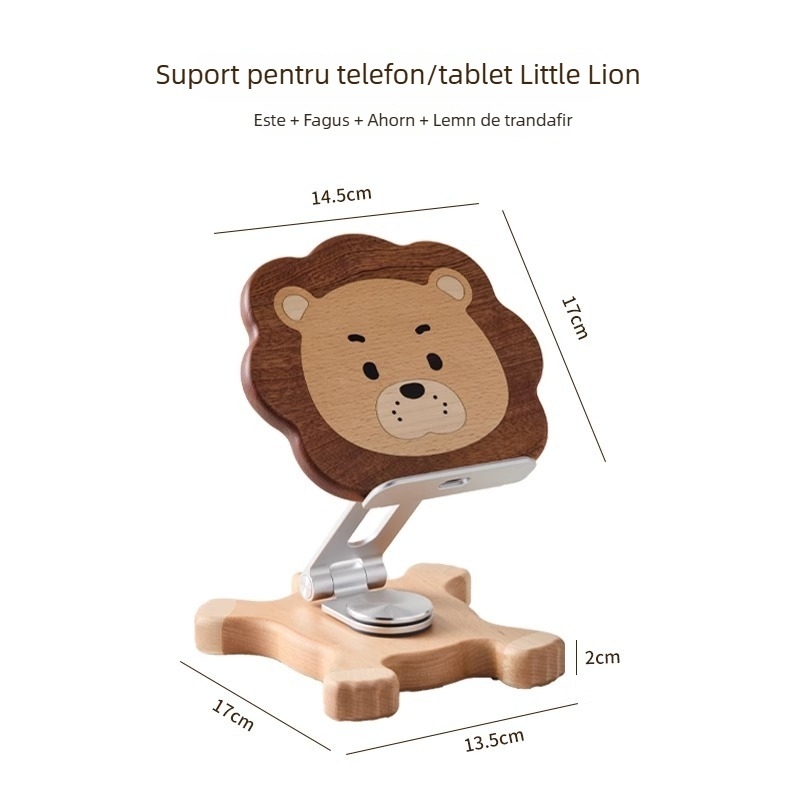 Suport de masă din lemn pentru telefon și tabletă, rotativ și pliabil, design tip lift, ornament pentru copii – leu mic, model YJPBZJ-0001
