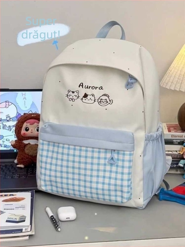 Ghiozdan pentru fete, stil proaspăt și drăguț, nailon, fermoar, buzunar pentru telefon