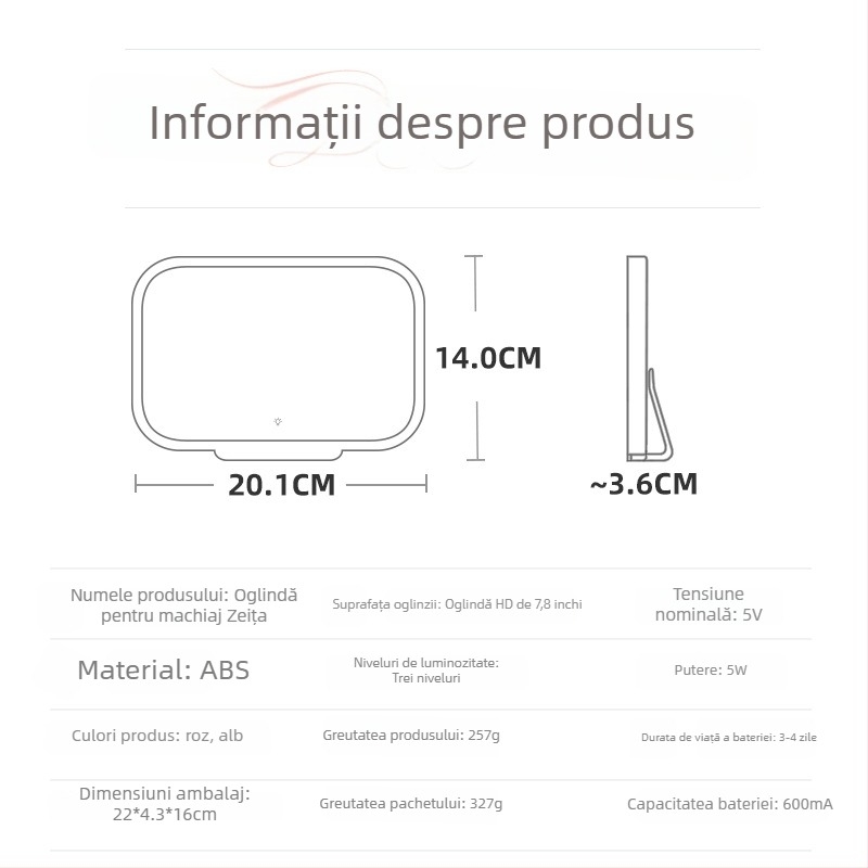 Oglindă de machiaj LED pentru mașină cu lumină, control tactil, montaj snap-on, potrivire universală, ABS + sticlă HD