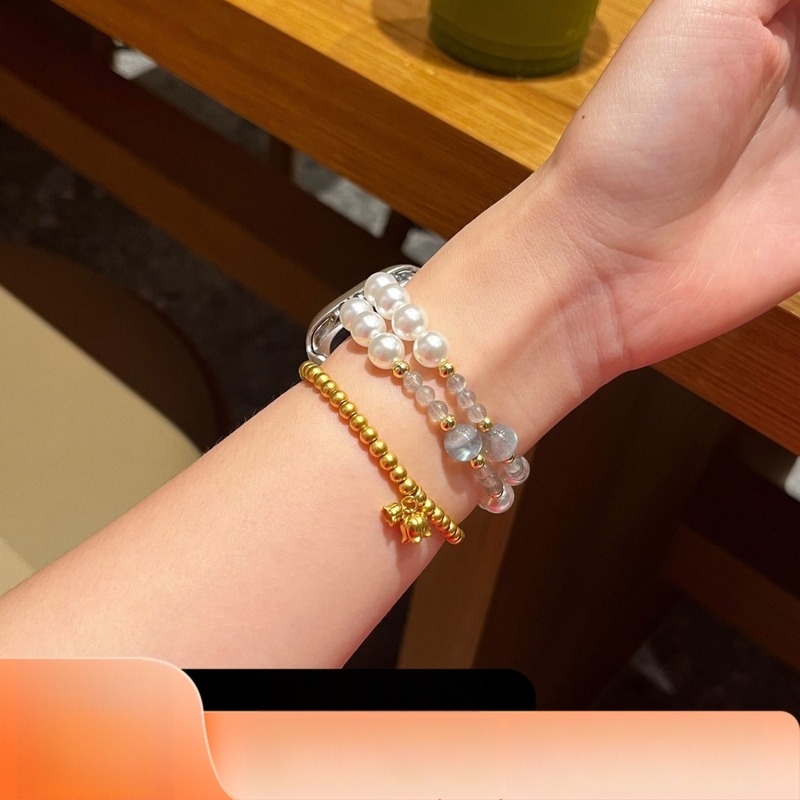 Brățară din cristal de lună pentru Apple Watch SE, curea elastică, accente din perle, potrivită pentru 14–22 mm