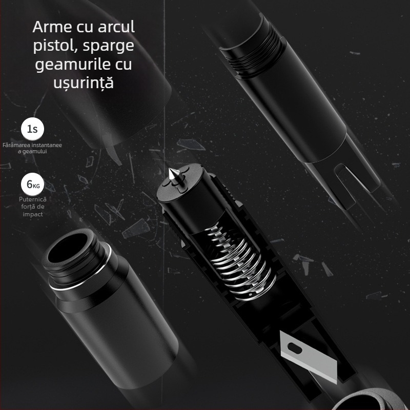 Dispozitiv de urgență pentru mașină: Spargător de geam auto și mini tăietor, instrument 2 în 1 din aliaj pentru evadare (Material: aliaj de aluminiu + ABS; Greutate: 121 g)