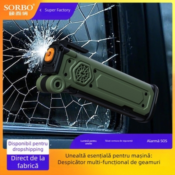 Cioc de spargere a geamurilor pentru mașină, cu lanternă multifuncțională și iluminare de urgență, suport magnetic, tăietor de centură, ABS