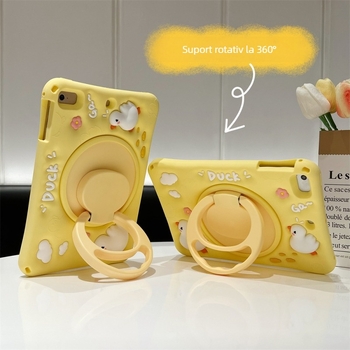 Husă din silicon pentru iPad, husă moale, suport rotativ, design rață desen animat, protecție antișoc
