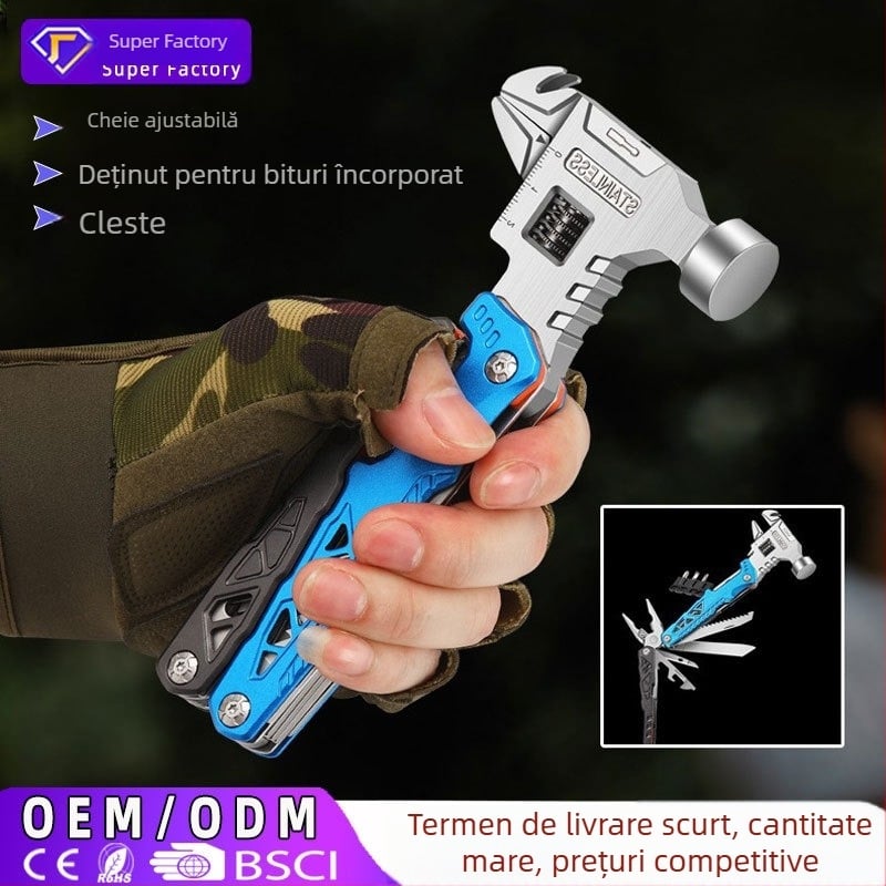 Ciocan cu cap rotund – unealtă multifuncțională pentru camping, cu cheie încorporată și clește, pliabil, cap din oțel cu conținut înalt de carbon, lungime 170 mm, greutate 0,425 kg