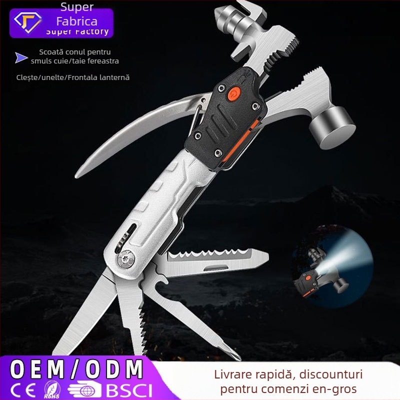 Ciocan de tâmplă cu cap rotund – cap din oțel inoxidabil, mâner din aliaj de aluminiu, 142 mm, 0.257 kg, unealtă multifuncțională pentru camping: tăietor de frânghie, ciocan pentru geam, tăietor de șuruburi, tăietor de filete, șurubelniță