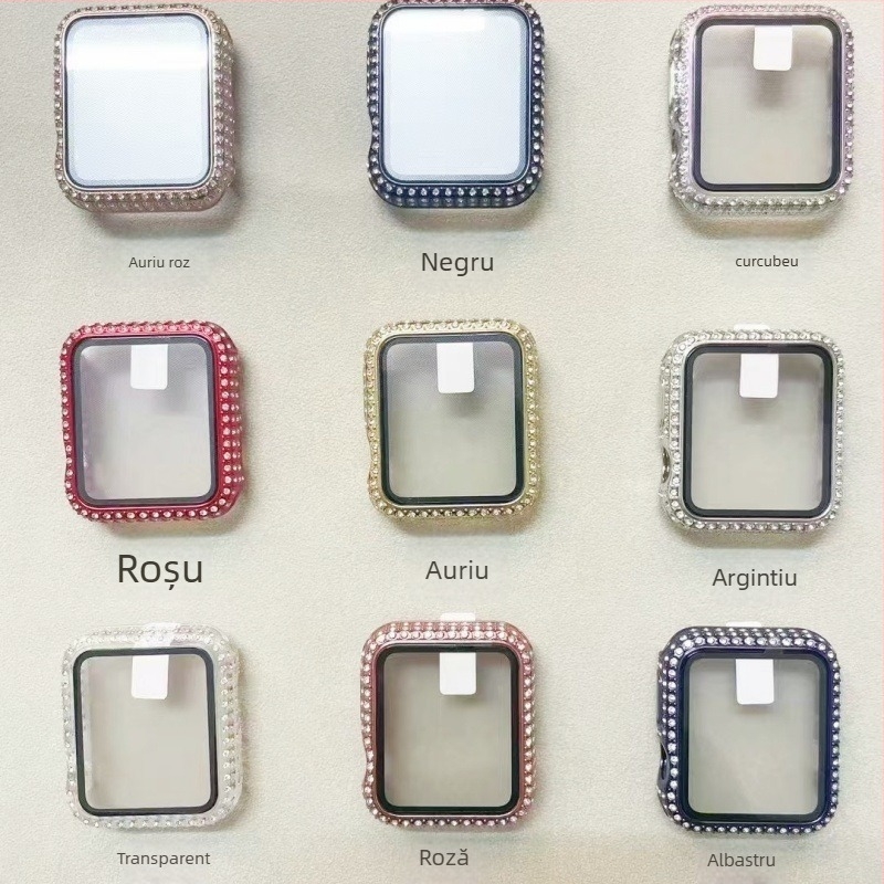 Carcasă Apple Watch S10 cu diamante complete, protecție a ecranului din sticlă călită – husă PC