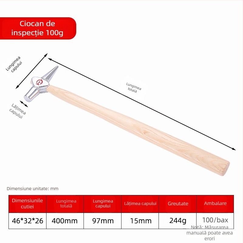 Cioc de detectare – cap din oțel 45#, mâner din lemn, greutate netă 0,3, destinat inspecțiilor feroviare și a cazanelor