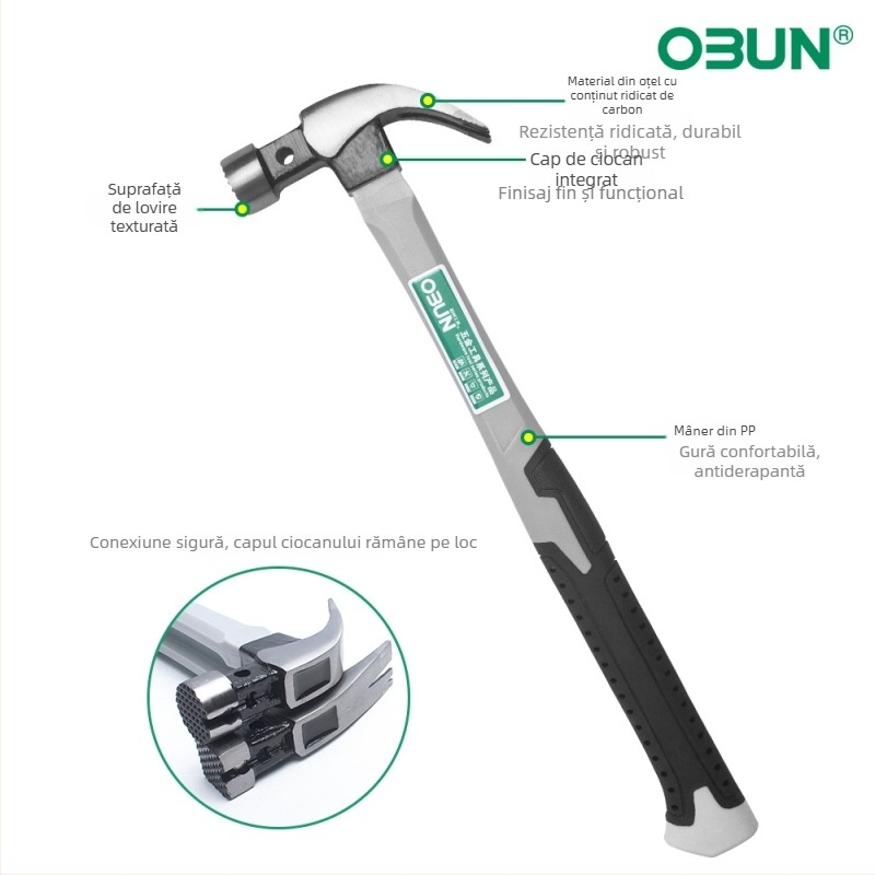 Ciocan cu gheare, mâner din plastic, cap din oțel cu carbon înalt, antișoc, instrument pentru batere și extragerea cui