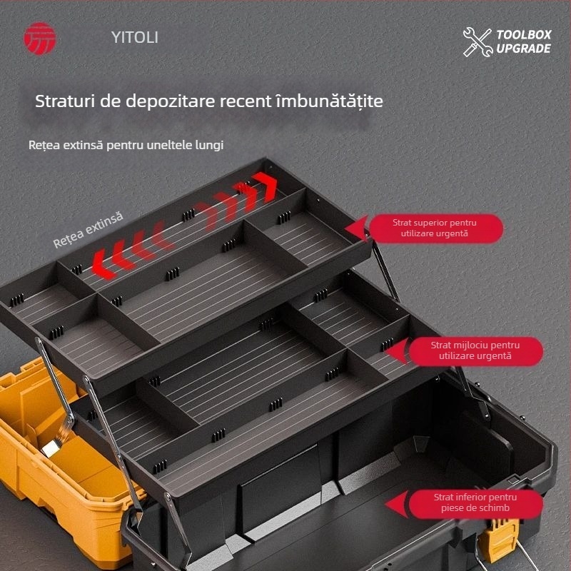 Cutie de unelte din plastic, cu trei niveluri pliante, industrială, pentru montaj în vehicul și depozitare pentru electrician